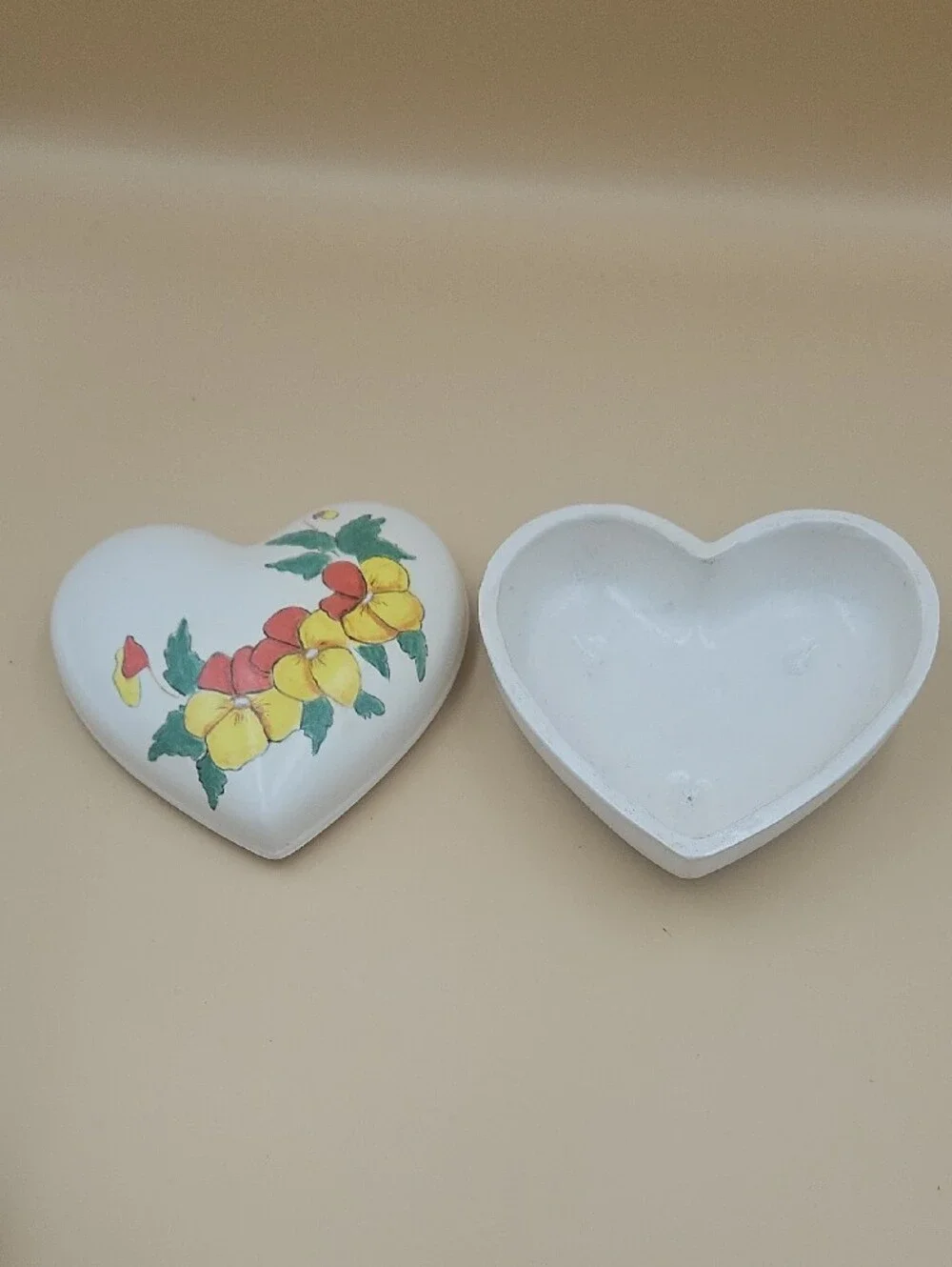 White Heart-Shaped Floral Trinket Box with Yellow & Red Accents